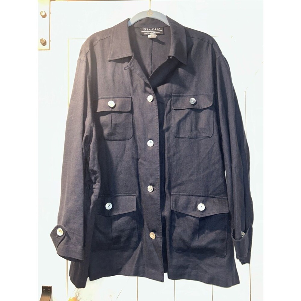 Studio Marisa Christina Navy Utility Jacket Flap Pockets Tencel Flax Blend Large